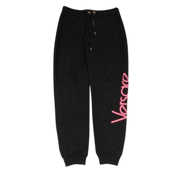 Versace Mens Joggers Size XL 44 Black Pink Logo Cotton Drawstring Sweat Pants - Picture 1 of 11